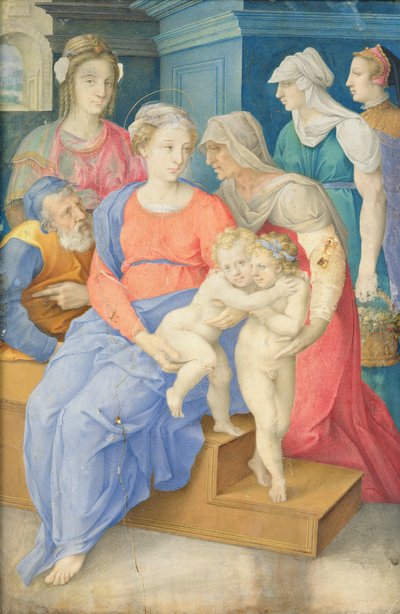 Pyhä perhe Pyhän Elisabetin, Pyhän Johannes Kastajan ja kolmen aatelisnaisen kanssa, n. 1557 tekijältä Giorgio Giulio Clovio