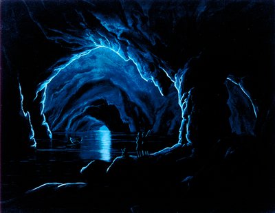 Jäljennös kaiverruksesta Blue Grotto Caprin saarella. Luolan sisällä kolme miestä reunuksen reunalla tervehtii neljättä miestä, joka tulee ulos luolista veneensä kanssa. Hän on pr tekijältä Giorgio Sommer