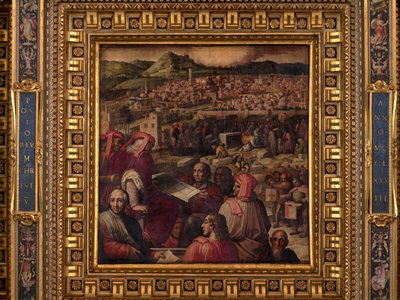 Arnolfo näyttää suunnitelman Firenzen laajentamisesta tekijältä Giorgio Vasari