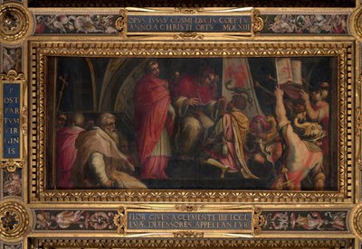 Clemente IV ojentaa merkkinsä Guelph Partin kapteenille tekijältä Giorgio Vasari
