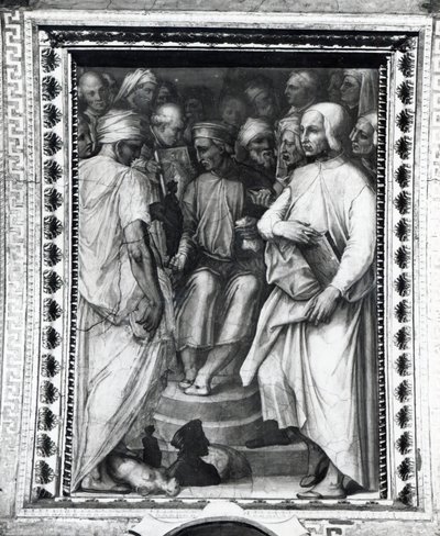 Cosimo de Medici istuu filosofien ja taiteilijoiden keskuudessa Sala di Cosimo il Vecchiossa tekijältä Giorgio Vasari