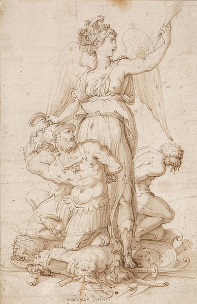 Siivekäs Victoria palmunoksan kanssa ja kolme vankia polvistuu pokaalien päällä. Noin 1540 tekijältä Giorgio Vasari
