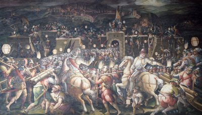 Italia, Firenze, Palazzo Vecchio (Vanha palatsi), Salone dei Cinquecento, Linnoituksen valtaus lähellä Port Camolliaa Sienassa tekijältä Giorgio Vasari