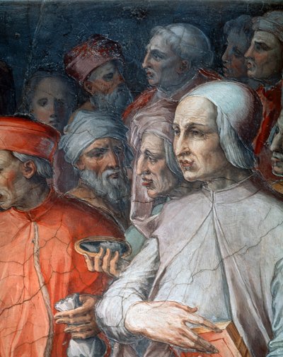 Marsilio Ficino, jota täydentää Paolo del Pozzo Toscanelli, yksityiskohta Cosimo vanhemmasta filosofien ja taiteilijoiden keskuudessa tekijältä Giorgio Vasari