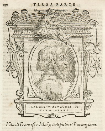 Milano, Biblioteca Braidense, Vite de piv excellent, Giorgio Vasari 1568, Francesco Mazzuoli nimeltään Il Parmigianino. tekijältä Giorgio Vasari