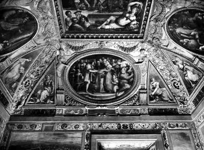 Paavi Klemens VII (1478-1534) nai Katariina de Medicin (1519-1589) ja Ranskan Henrik II:n (1519-59), Sala di Clemente VII:stä. tekijältä Giorgio Vasari