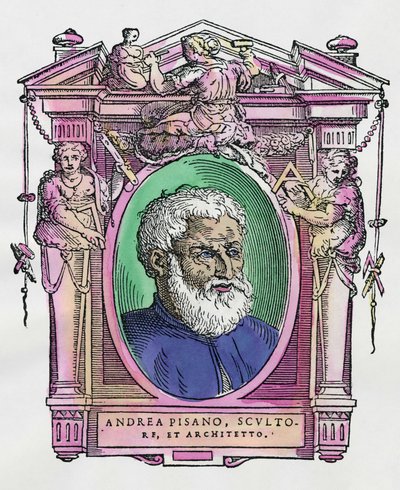 Muotokuva Andrea Pisanosta (1290-1349), italialainen kuvanveistäjä ja arkkitehti. Kaiverrus herkkusta "" Erinomaisimpien maalareiden, kuvanveistäjien ja arkkitehtien elämää" (Le Vite de