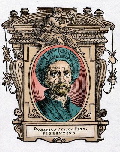 Muotokuva Domenico PULIGOsta [1492-1527] italialainen taidemaalari. Kaiverrus herkkusta "" Erinomaisimpien maalareiden, kuvanveistäjien ja arkkitehtien elämää" (Le Vite de