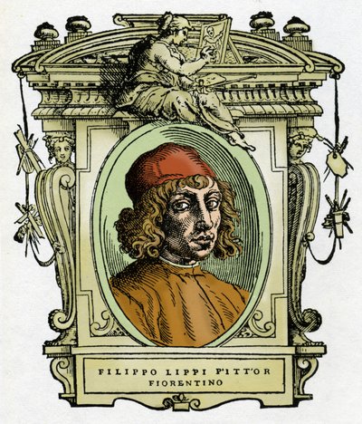 Muotokuva Filippo Lipistä (1406-1469) firenzeläisestä taidemaalarista. Ksylografia Giorgio Vasarin teoksesta "Taiteilijoiden elämä". tekijältä Giorgio Vasari