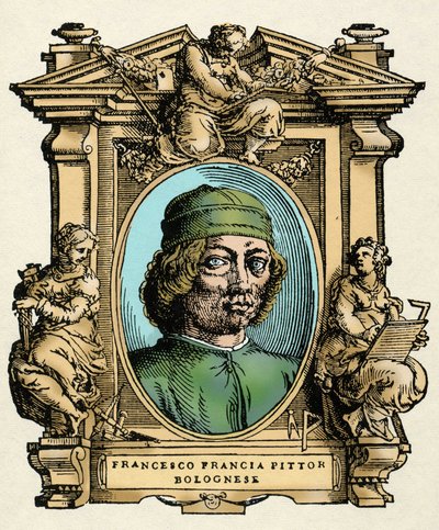 Italian taidemaalarin Francesco FRANCIA (1450-1517) muotokuva. Giorgio Vasarin kaiverrus tutkielmasta "" Erinomaisimpien maalareiden, kuvanveistäjien ja arkkitehtien elämä"" tekijältä Giorgio Vasari