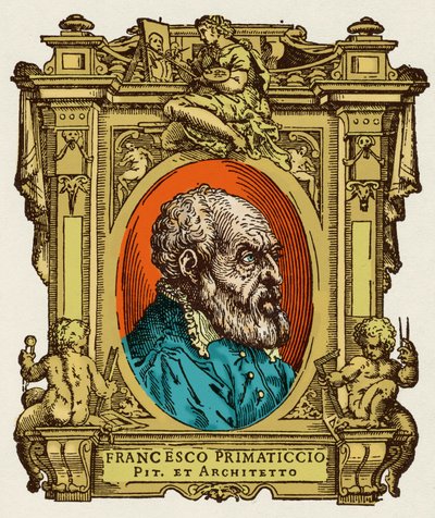 Muotokuva Francesco Primaticciosta, joka tunnetaan nimellä Primatice (1504-1570), taidemaalari, kuvanveistäjä ja arkkitehti. Hän oli Ecole de Fontainebleaun jäsen. Kaiverrus herkkusta "" Erinomaisimpien maalareiden, kuvanveistäjien ja arkkitehtien elämää"  tekijältä Giorgio Vasari