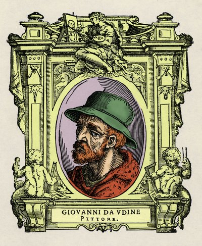 Muotokuva Giovanni da Udinen (Giovanni Nanni) (1487-1564). Italialainen taidemaalari ja arkkitehti. Kaiverrus herkkusta "" Erinomaisimpien maalareiden, kuvanveistäjien ja arkkitehtien elämät" (Erittävimpien maalareiden, kuvanveistäjien ja arkkitehtien eläm tekijältä Giorgio Vasari