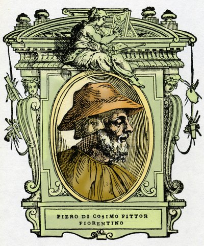 Piero di Cosimon (n. 1462-1521?), firenzeläisen taidemaalarin muotokuva. Kaiverrus herkkusta "" Erinomaisimpien maalareiden, kuvanveistäjien ja arkkitehtien elämät" (Erittävimpien maalareiden, kuvanveistäjien ja arkkitehtien elämät) Giorgio Vasari tekijältä Giorgio Vasari