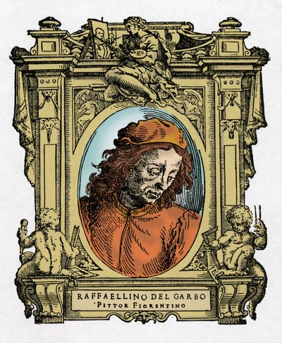 Muotokuva RAFFAELLINO DEL GARBOsta (Raffaellino de Carli) (1466-1525), italialainen taidemaalari. Giorgio Vasarin kaiverrus herkkupalasta "" Erinomaisimpien maalareiden, kuvanveistäjien ja arkkitehtien elämä"" tekijältä Giorgio Vasari