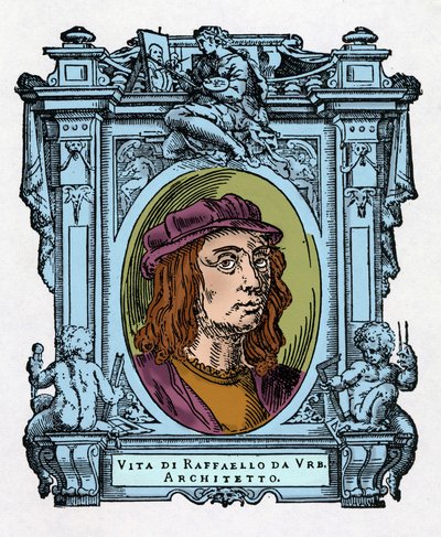 Muotokuva Rafaelista (Raffaello Sanzio 1483 - 1520) italialainen arkkitehti ja taidemaalari. Kaiverrus herkkusta "" Erinomaisimpien maalareiden, kuvanveistäjien ja arkkitehtien elämää" (Le Vite de