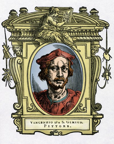 Muotokuva Vincenzo TAMAGNIsta (Vincenzo da San Gimignano) (1492-1530), italialainen taidemaalari. Giorgio Vasarin kaiverrus herkkupalasta "" Erinomaisimpien maalareiden, kuvanveistäjien ja arkkitehtien elämät "" tekijältä Giorgio Vasari