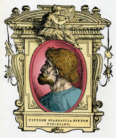 Muotokuva Vittore Carpaccion (1460-1526) venetsialaisesta taidemaalarista. Kaiverrus herkkusta "" Erinomaisimpien maalareiden, kuvanveistäjien ja arkkitehtien elämät" (Erittävimpien maalareiden, kuvanveistäjien ja arkkitehtien elämät) Giorgio Vasari tekijältä Giorgio Vasari