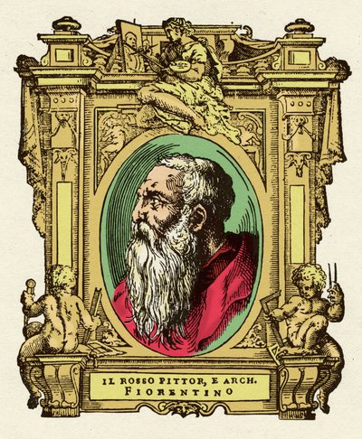 Taidemaalari Giovanni Battista di Jacopon (Rosso Fiorentino) (1495-1540) muotokuva. Hän oli Ecole de Fontainebleaun jäsen. Kaiverrus herkkusta "" Erinomaisimpien maalareiden, kuvanveistäjien ja arkkitehtien elämää" (Le Vite de