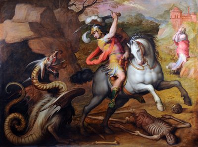 Pyhä Yrjö ja lohikäärme (St George and the Dragon) - Giorgio Vasarin (1511-1574) maalaus, öljy kankaalle, noin 1560 - Italialainen taide tekijältä Giorgio Vasari