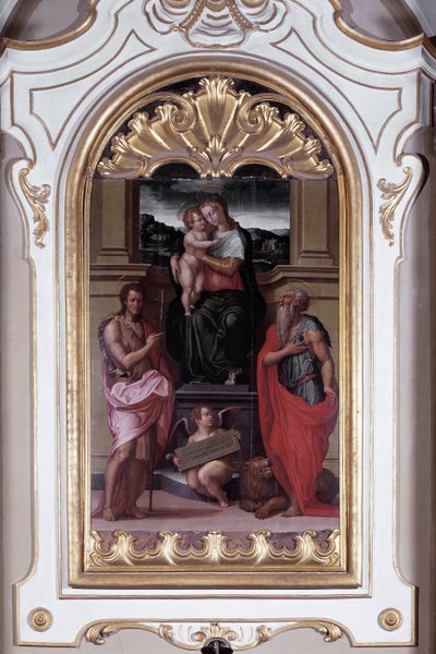 Neitsyt Pyhän Johannes Kastajan ja Pyhän Hieronymuksen ympäröimänä (öljy kankaalle tekijältä Giorgio Vasari