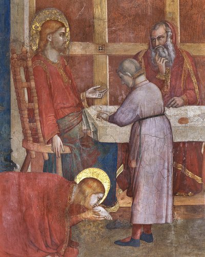 Magdalenan kappeli, länsimuuri: kohtauksia Magdalenan elämästä, "Ehtollinen fariseuksen talossa". Yksityiskohta tekijältä Giotto (c.1266 1337)