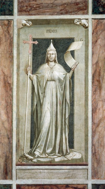 Faith, naishahmo pitelee ristiä ja paljastetun totuuden symbolia, samalla kun se tuhoaa epäjumalan ja seisoo Kabbalan symbolien päällä, Giotto, freskosarja Paheet ja hyveet, restauroinnin jälkeen, Scrovegnin kappeli, Padova, Veneto, Italia. tekijältä Giotto (c.1266 1337)