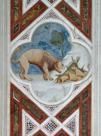 Maalattu laatta, Jeesuksen Kristuksen ylösnousemuksen symboli, yksityiskohta freskoista, Giotto tekijältä Giotto (c.1266 1337)