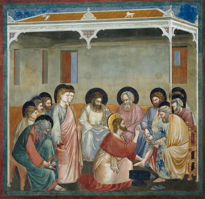 Jalkojen pesu, yksityiskohta elämästä ja Kristuksen kärsimyksestä, Giotto tekijältä Giotto (c.1266 1337)