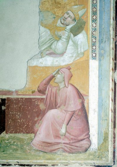 Pyhän Franciscuksen ilmestys piispa Guidolle Assisilaiselle, Giotto (1267-1337), fresko, yksityiskohta, Santa Crocen basilika, Bardi-kappeli, Firenze tekijältä Giotto (c.1266 1337)