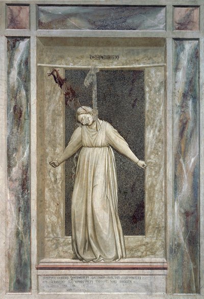 Epätoivo, itsensä hirttelevä naishahmo ja paholainen, joka tarttuu häntä hiuksista, Giotto (1267-1337), yksityiskohta freskosarjasta Paheet ja hyveet tekijältä Giotto (c.1266 1337)