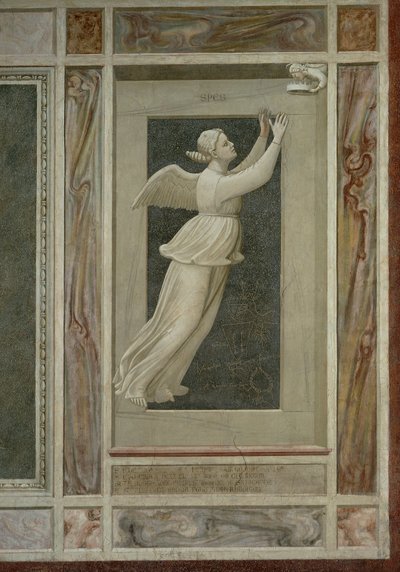 Toivo, siivekäs naishahmo lentää kohti enkeliä, joka johdattaa hänet taivaaseen, Giotto (1267-1337), yksityiskohta freskosarjasta Paheet ja hyveet tekijältä Giotto (c.1266 1337)