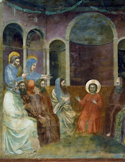 Jeesus temppelissä lääkäreiden keskuudessa, yksityiskohta Kristuksen elämästä ja kärsimyksestä, Giotto tekijältä Giotto (c.1266 1337)