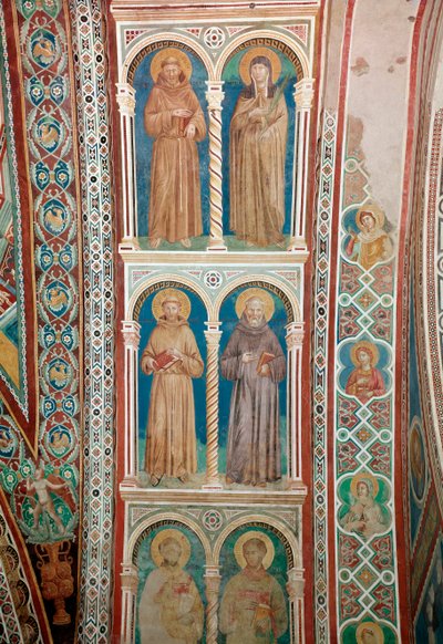 Pyhien Francois Assisilaisen, St. Clairen, Pyhän Benedictuksen ja Pyhän Antonius Padovalaisen edustus (Fresko tekijältä Giotto (c.1266 1337)