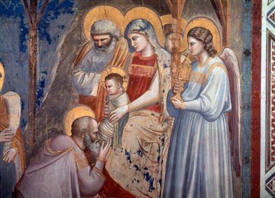 Maagien ihailu. Yksityiskohta, jossa mage kumartui Jeesuksen eteen Marian käsivarsissa enkelin ja pyhän Joosefin välissä (Fresko tekijältä Giotto (c.1266 1337)