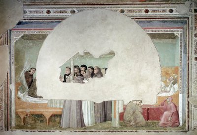 Visiot pyhän Franciscus Assisilaisen taivaaseenastumisesta: pappi Augustinus nousee sängystä, kun piispa makaa edelleen lähihuoneessa, apunaan kaksi palvelijaa sängyn juurella - freskon juurella, n. 1325 tekijältä Giotto (c.1266 1337)