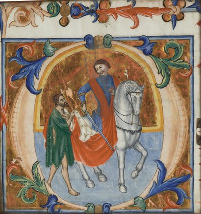 Valaistu miniatyyri St. Martinista jakamassa viittaansa (suuresta kuorokirjasta) tekijältä Giotto di Bondone (school of)