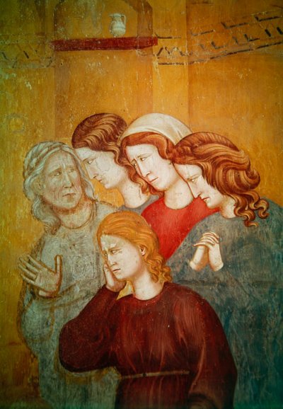Pyhä Franciscus elvyttää sovittamattoman naisen helpottaakseen hänen tunnustamistaan, yksityiskohta oikealla olevasta naisryhmästä, n. 1297-1299 tekijältä Giotto di Bondone