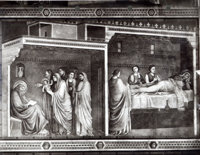 Pyhän Johannes Kastajan syntymä ja hänen isänsä Sakarias kirjoittaa hänen nimensä tekijältä Giotto di Bondone