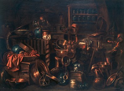 Alkemistin laboratorio, maalaus Gian Domenico Valentino (1630-1708), Italia tekijältä Giovan Domenico Valentino