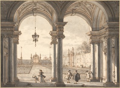 Näkymä barokkipylväiden kautta puutarhaan, 1760-1768 tekijältä Giovanni Antonio Canal
