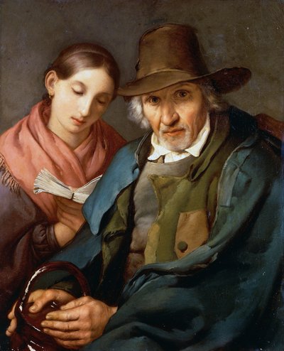 Figuuri iäkkäästä miehestä istumassa nuoren kansan kanssa lukemassa kirjaa, Giovanni Carnovalin Piccio (1804-1873), öljy kankaalle, 72x59 cm tekijältä Giovanni Carnovali