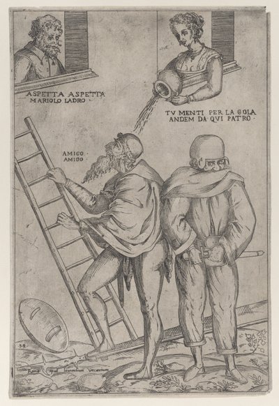 Mies kiipeää tikkaita ja nainen heittää vettä hänen päälleen ylhäältä, 1575-99. tekijältä Giovanni Ambrogio Brambilla
