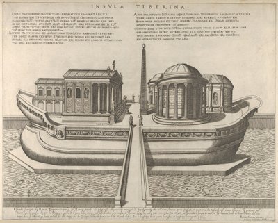 Näkymä Tiber-saarelle, joka on esitetty laivana, Aesculapiuksen temppeli vasemmalla, 1582, 1582. tekijältä Giovanni Ambrogio Brambilla