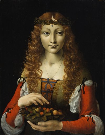 Tyttö kirsikoilla, n. 1491-1495 (öljy puulle) tekijältä Giovanni Ambrogio de (attr. to) Predis