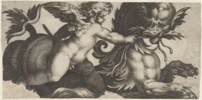 Putto ruokkii merihirviön lehtiä Friisiläiset merihirviöiden kanssa (sarjan nimi) tekijältä Giovanni Andrea Maglioli