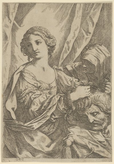 Judith tarttui Holofernesin päähän hiuksista ja katsoi vasemmalle, vanha hä..., 1600-1640. tekijältä Giovanni Andrea Sirani