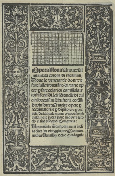 Opera Nova Universali nimeltä Corona di racammi, otsikkosivu recto, [1530]. tekijältä Giovanni Andrea Vavassore