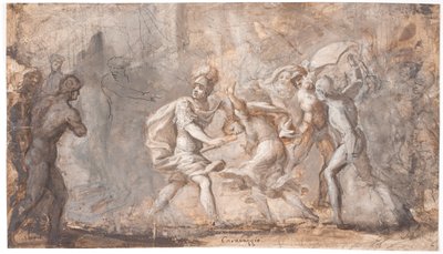Tarpeia murskataan sabiinien kilpien alla tekijältä Giovanni Angelo Canini