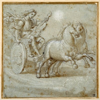 Apol·lo assegut en el seu carro amb la seva viola (guix negre, ploma i tinta marró amb rentat marró realçat amb el color del cos blanc a la carta azzurra) finlandès tekijältä Giovanni Antonio (circle of) Pordenone