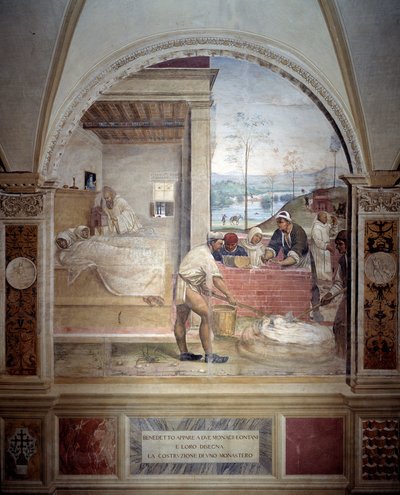 Benedictus ilmestyy kahdelle munkille ja esittelee heille Antonio Bazzi dit il Sodoman (1477 - 1549) luostarin freskon luostarin, joka kertoo Benedictin Ritarikunnan vuonna 1503 perustajan Pyhän Benedict of Nursie (480 - 567) elämästä - 1508 Ab tekijältä Giovanni Antonio Bazzi Sodoma